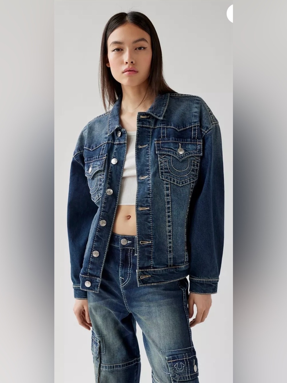 True Religion Dark Blue Trucker Denim Jean Jacket Medium 100% Cotton Medium